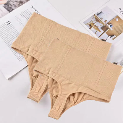 High-waisted shaping thong in beige, back view