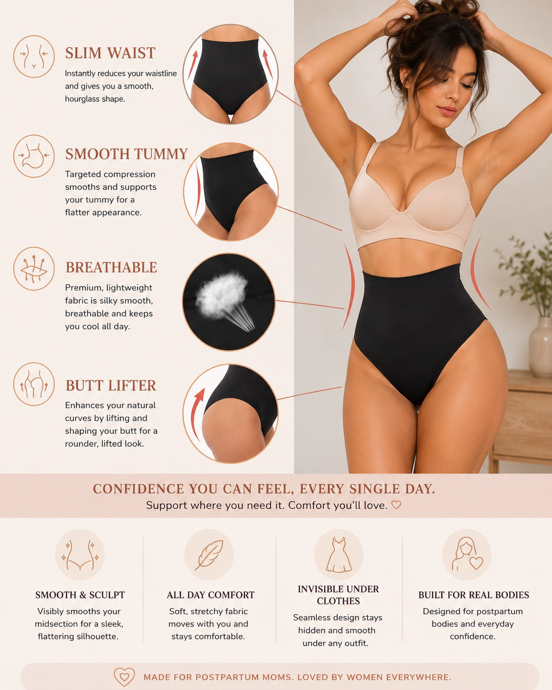 High-waisted shaping thong in black, front view