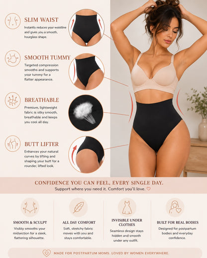 High-waisted shaping thong in black, front view
