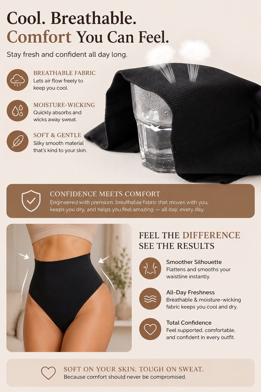 High-waisted shaping thong in black front view