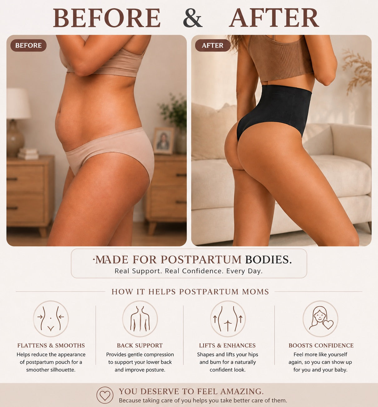 High-waisted shaping thong in black, side view