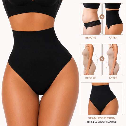 High-waisted shaping thong in black, front view